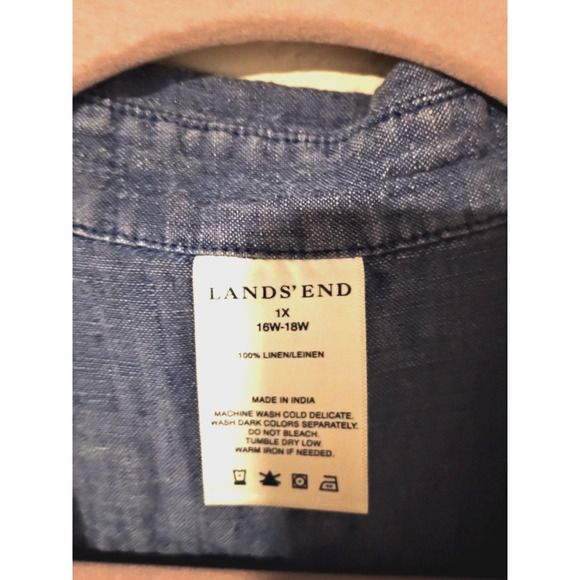 Lands End 100% Linen Blue Button-Front Pintuck Short Sleeve Blouse Top Sz 1X - Picture 2 of 3
